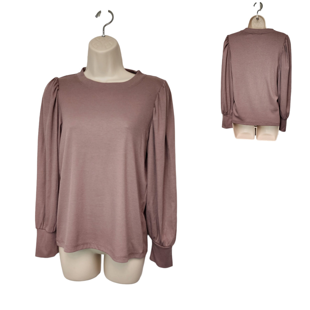 Philosophy Women's Puff Long Sleeve Crew Neck Ribbed Blouse Pink Medium